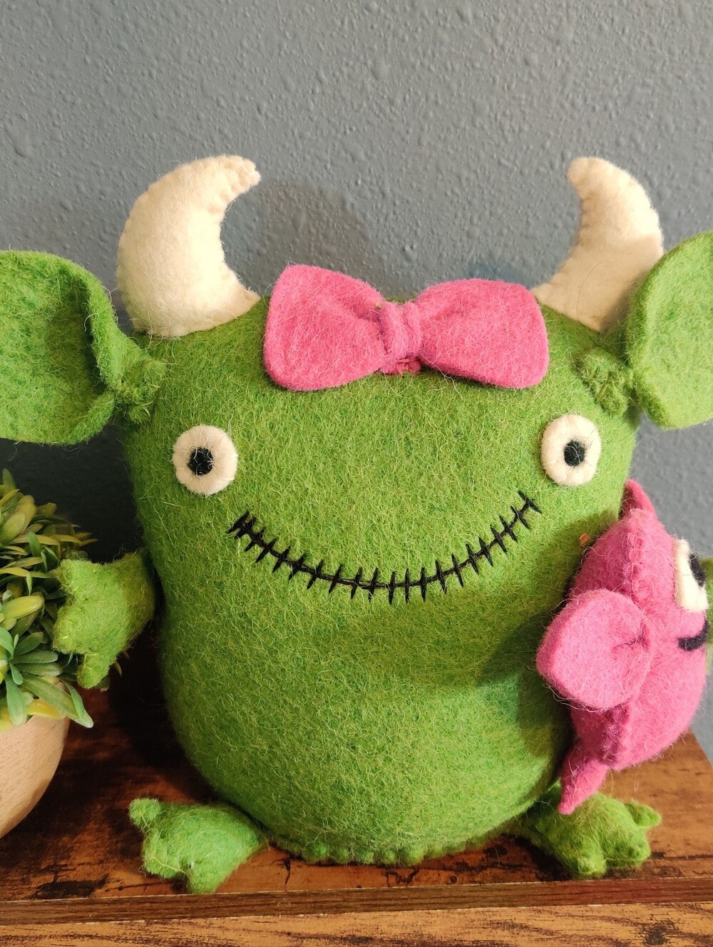 Halloween Cute Green Monster Plush Weighted Ugly Doll Felt Pink Navogratz Bow